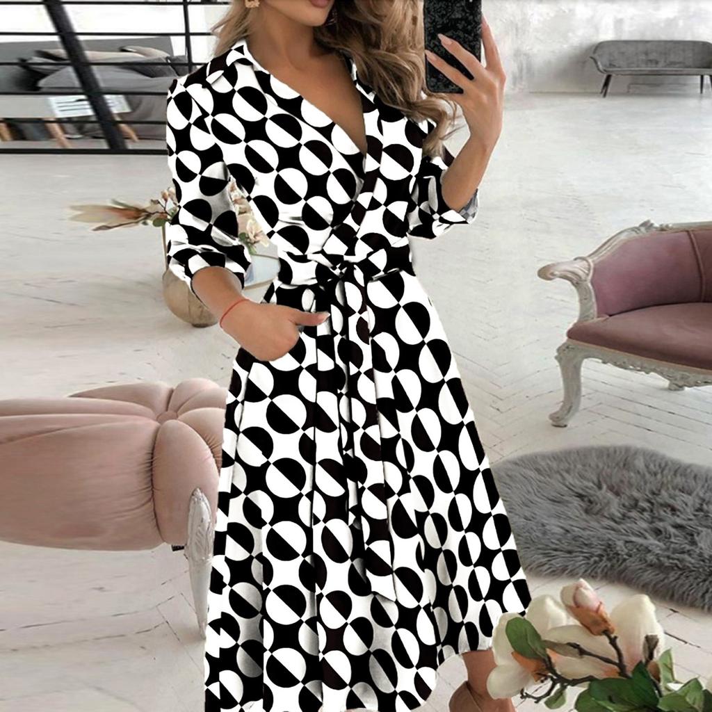 Fashion Women's Casual Lapel Printed Seven-Part Sleeve Dress Long Dress