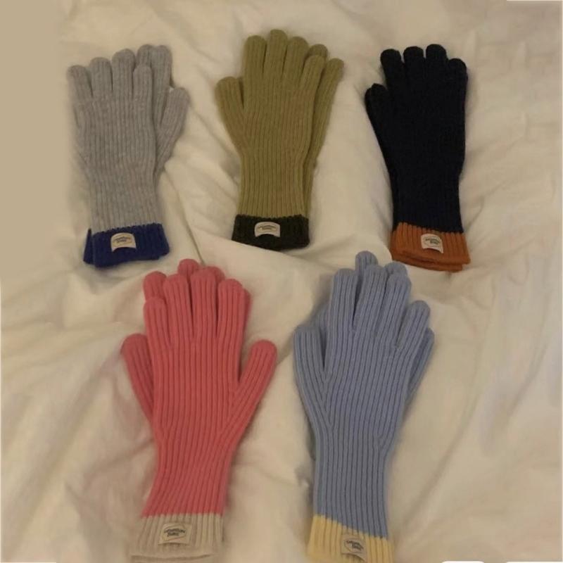 Womens Warm Knitted Full Finger Gloves Outdoor Riding Touchable Screen Colorblock Letters Label Decor Thermal Mittens