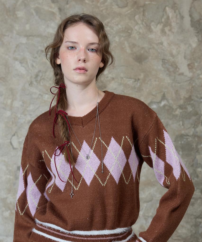 LARTIGENT L13 Argyle V-Neck Knit(Brown)