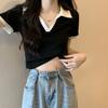 Women's Contrast Polo Collar V Neck Crop T Shirt Slim Fit Short Sleeve Casual Tee Tops