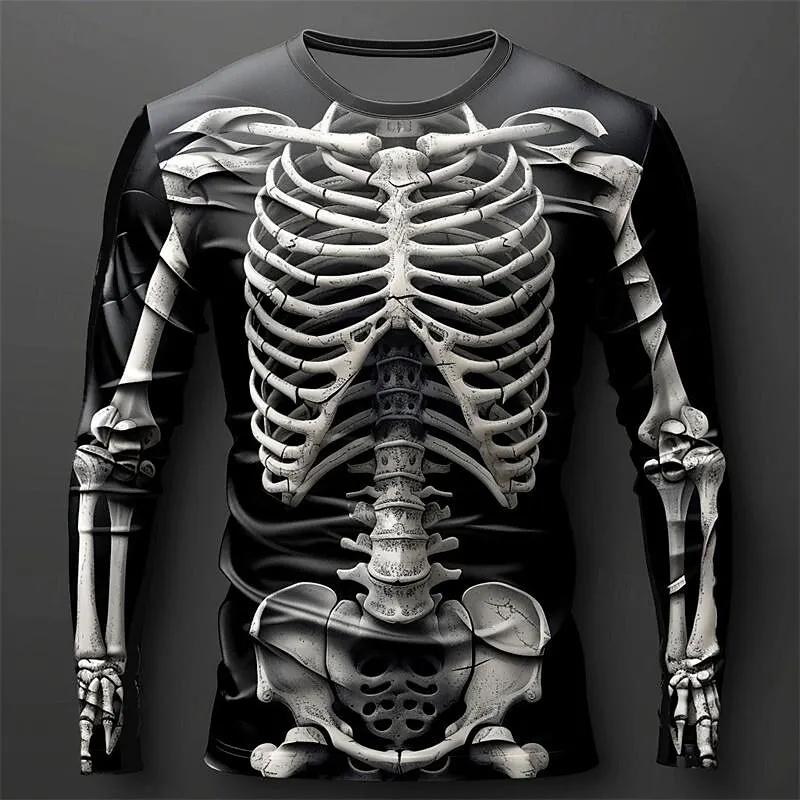 Creative Design 3D Skull Print Men's T-Shirt Autumn Daily Casual Long Sleeve Crew Neck Pullover Tees Oversize Breathable Clothes