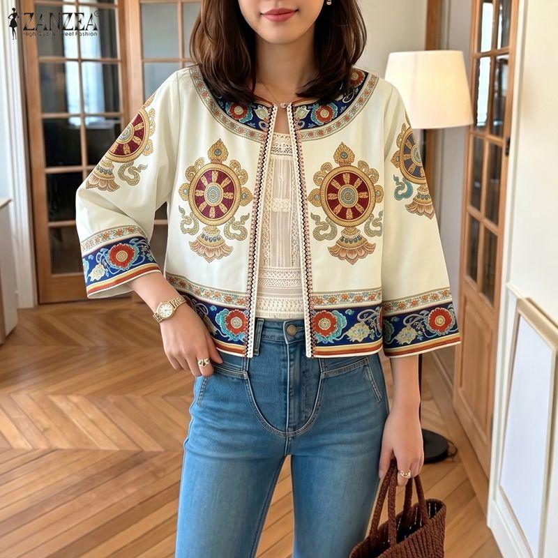 ZANZEA Women Ethnic Print Casual Open-front 3/4 Sleeve Loose Cardigan Blouse