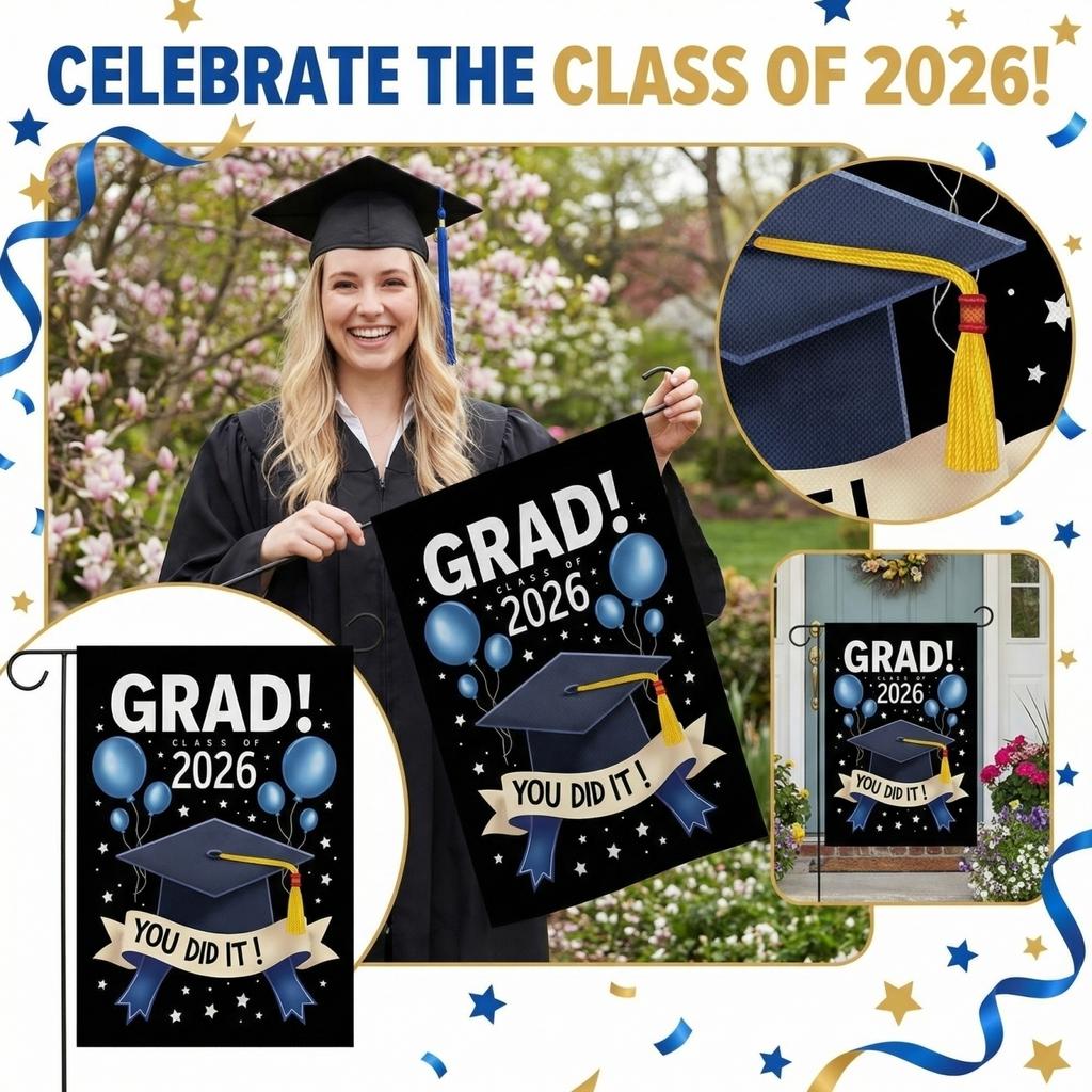 Graduation Garden Flags, Campus Graduation Party Decorations, Hanging Flags, Garden Flags