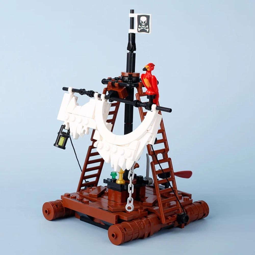 MOC Mittelalterliche Piratenbar Modellbausteine Set Papagei Blockhütte Inselhaus Lagerfeuer Baum Segelboot Schiff Steine Spielzeug Geschenk