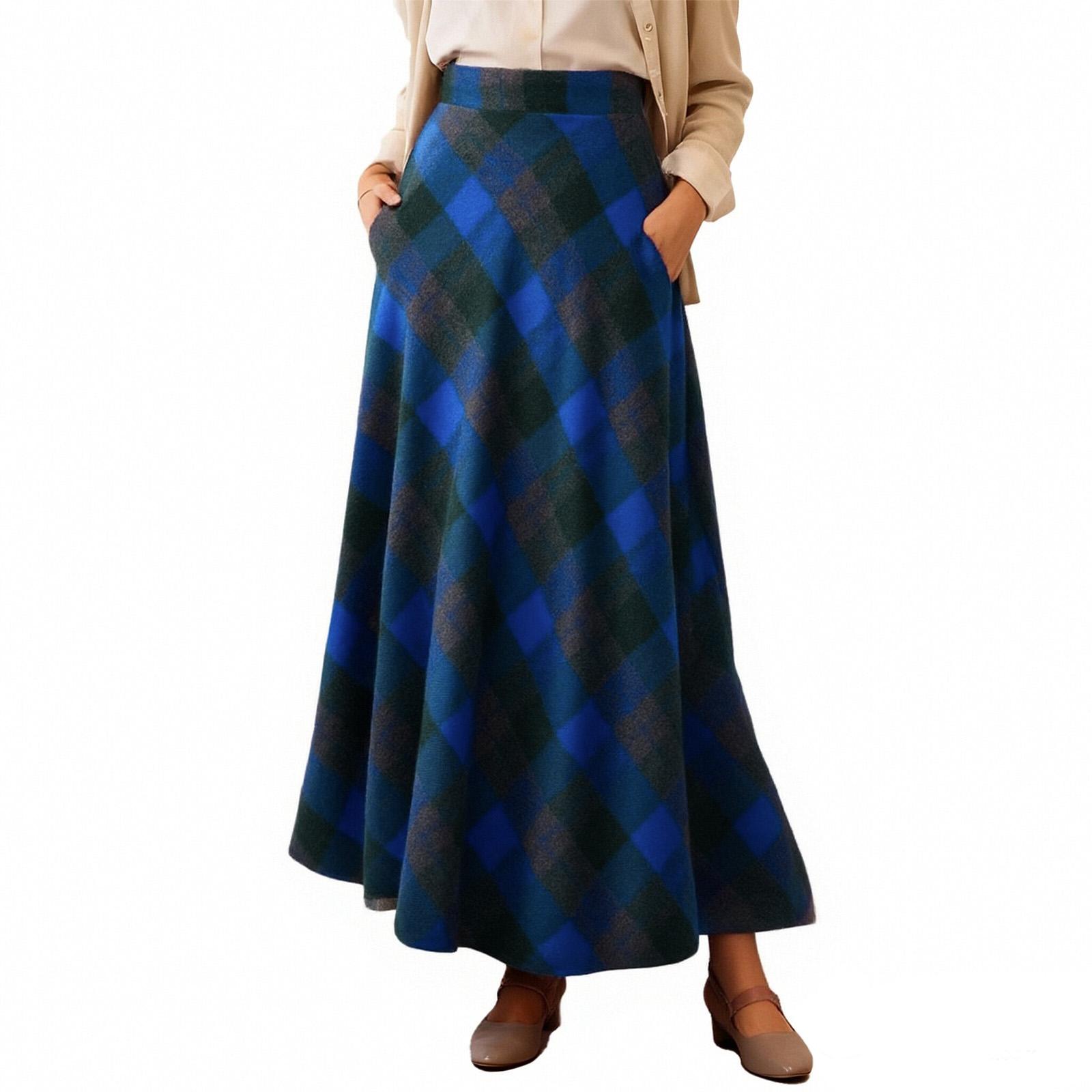 Women s Retro Plaid Maxi Skirt, High-Waisted, Fashionable Casual A-Line Pleated Plaid Floor-Length Skirt L
