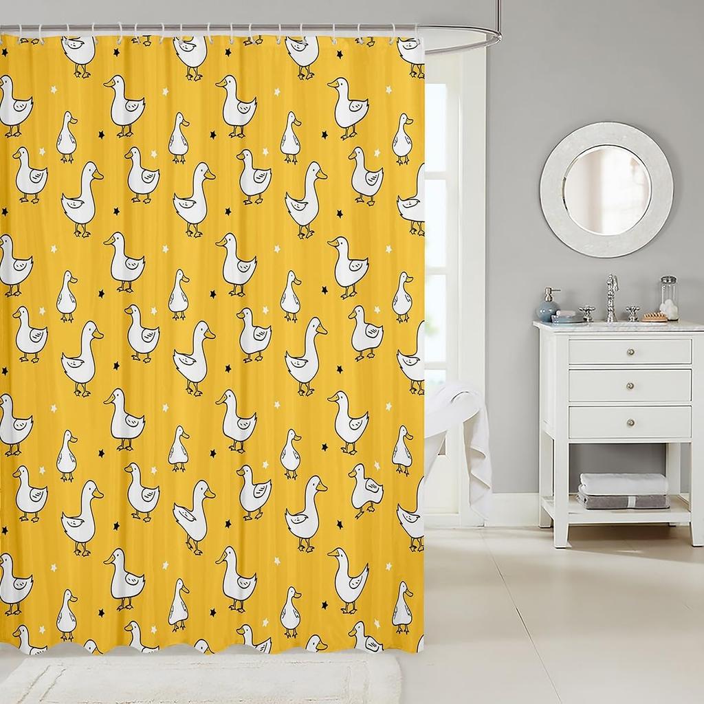 Cartoon Duck Shower Curtain For Kids Boys Girls,White Goose Bathroom Curtain,Lovely Stars Bath Curtain,Farmhouse Rustic Animal
