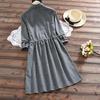 Plus Size Spring Autumn Women Dress Stand Collar Polka Dot Green Navy Blue Dress Elegant Long-Sleeved String Mini Dress
