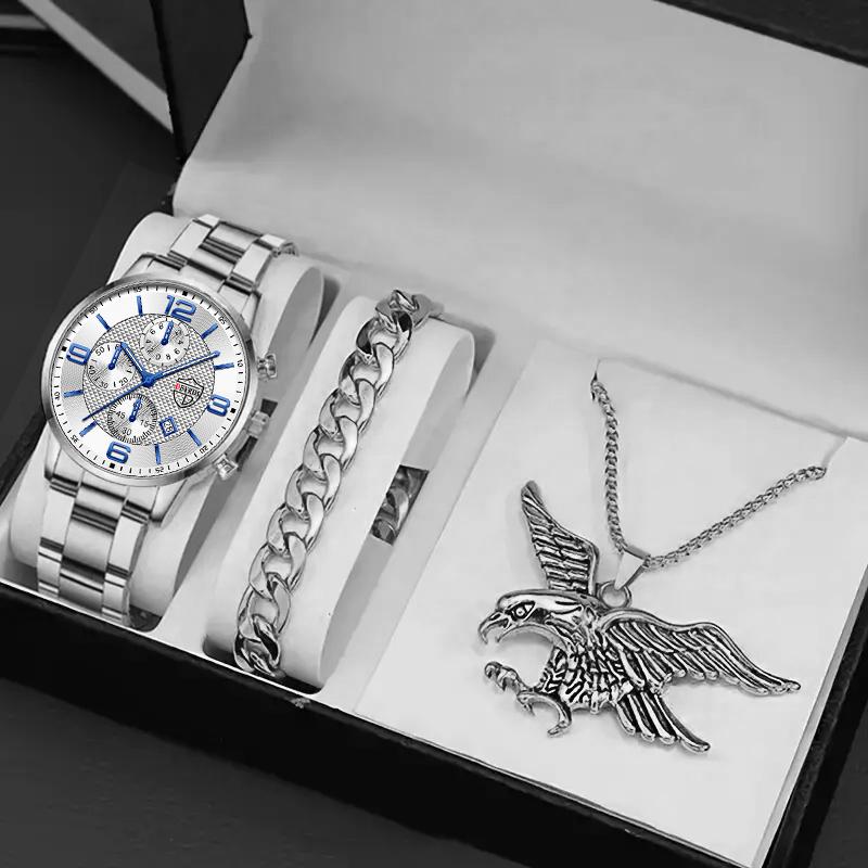 

3pcs/set, 1pc Fashion Men s Casual Round Dial Stainless Steel Quartz Wrist Watch & Bracelet Necklace Set, Best Gifts for Him