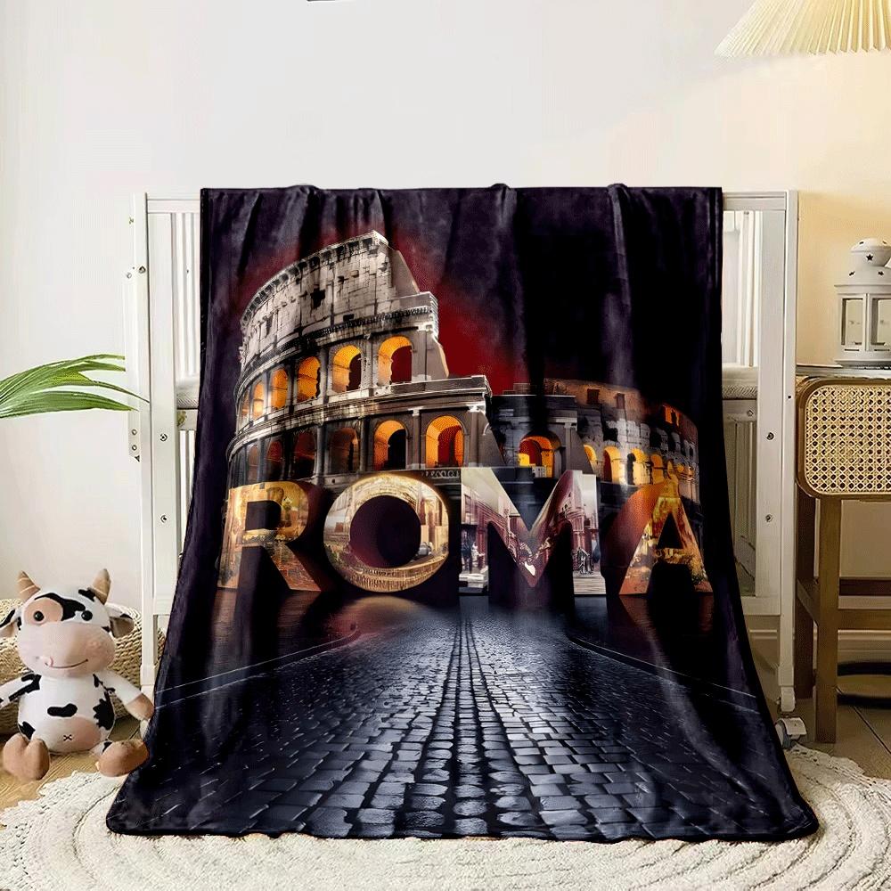 The pattern combines "ROMA" text with images and the Colosseum backdrop. for all seasons blanket lunch break throw gift