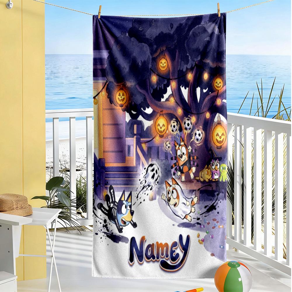 Bluey Friends Adventure Customized Name Beach Towel Quick-Dry Soft Microfiber Perfect for Traveling Yoga Camping and Swimming