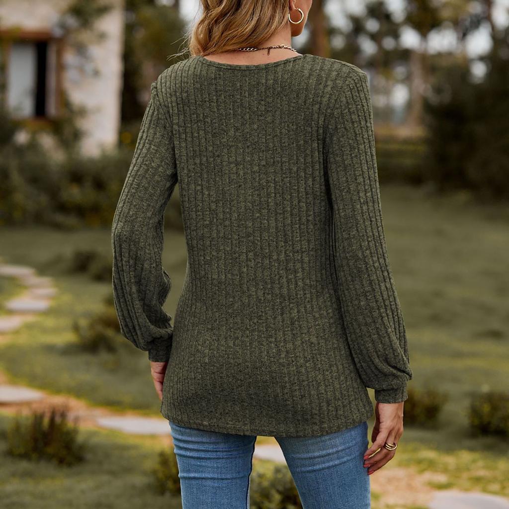 Women's Casual Solid Button Round Neck Sanding Sweatshirt Long Sleeve Top