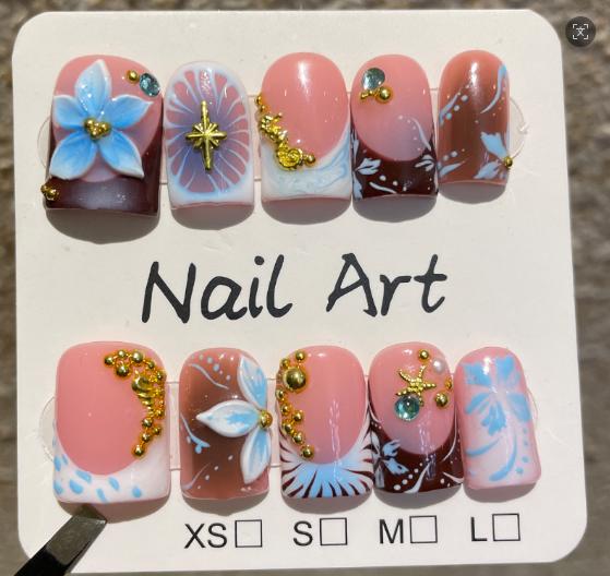 10Pcs Short Pink Lovely Summer Nails Art French White Flowers Pearls Designs Press on Nails Handmade Ballet Square Nail Tips Set