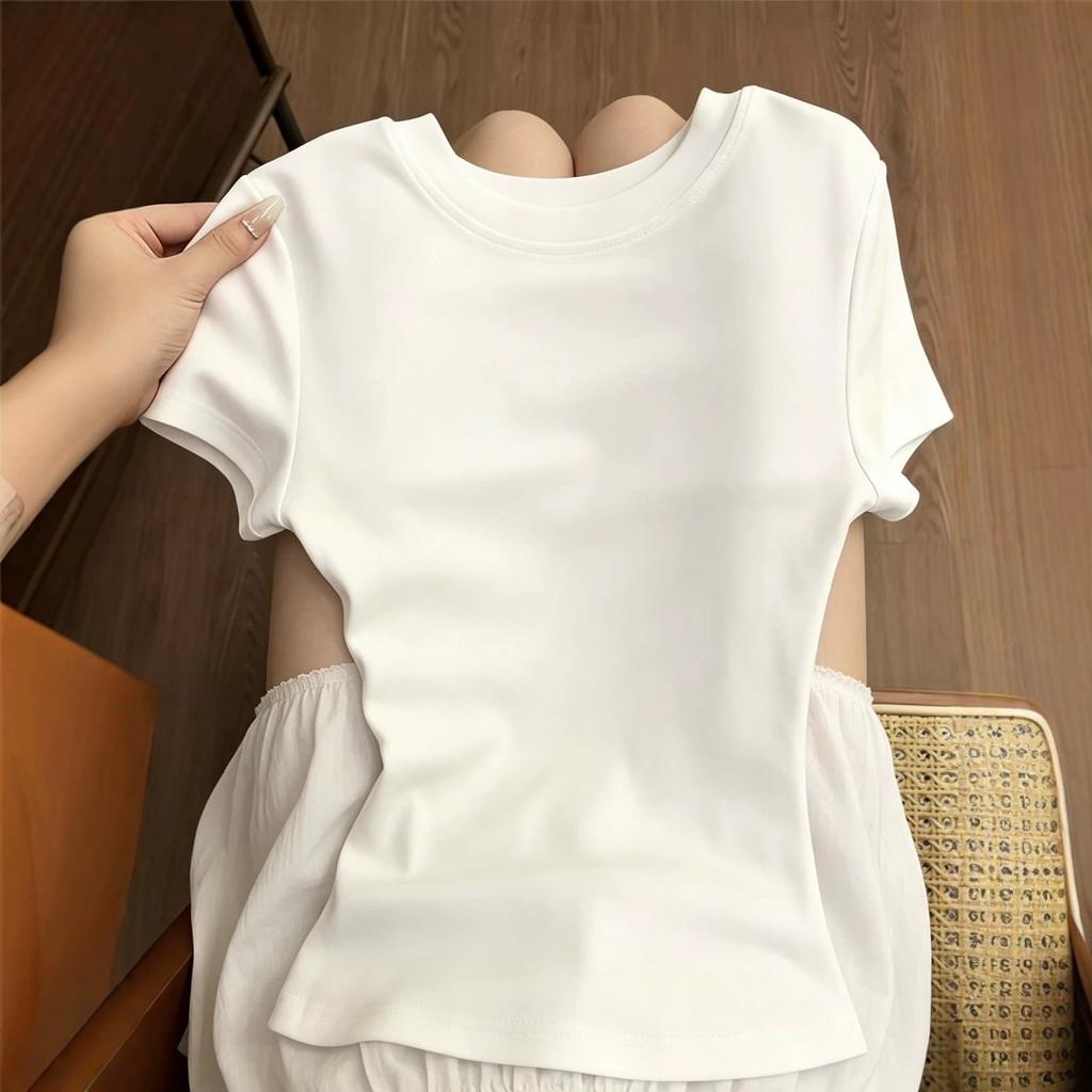 Simple niche design sense pure white round neck short-sleeved T-shirt summer slim and thin versatile casual top women's ins tide