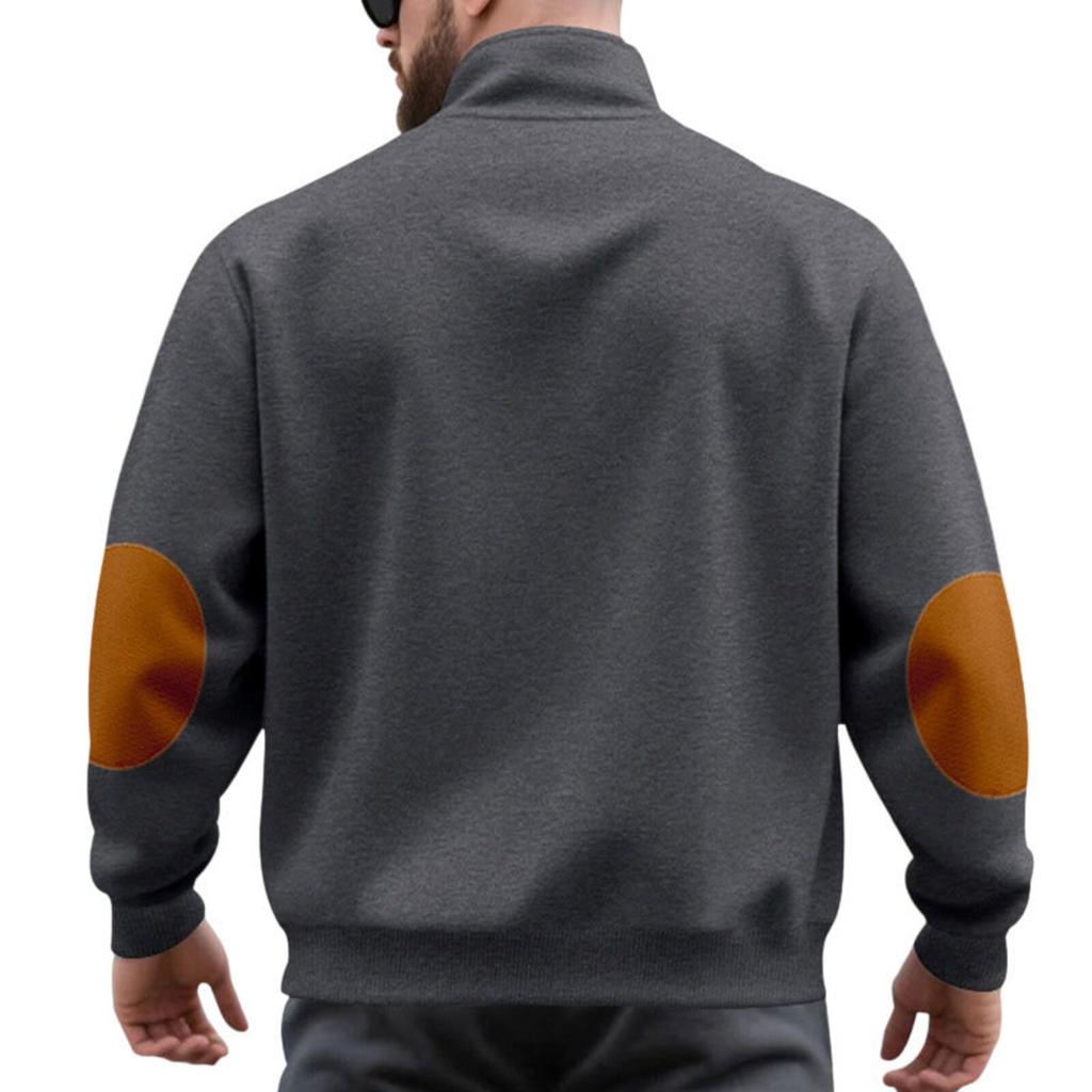 Men's Casual Oversized Solid-Color Outdoor Fleece-Lined Patchwork Zipper Stand-Up Collar Sweatshirt
