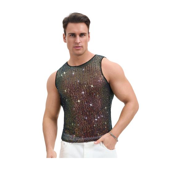 Herren Pailletten Weste Funkelnd Rundhals Ärmellos Shirt Durchsichtig Sexy Tanktop für Musikfestival Rave Nachtclub Bar Party