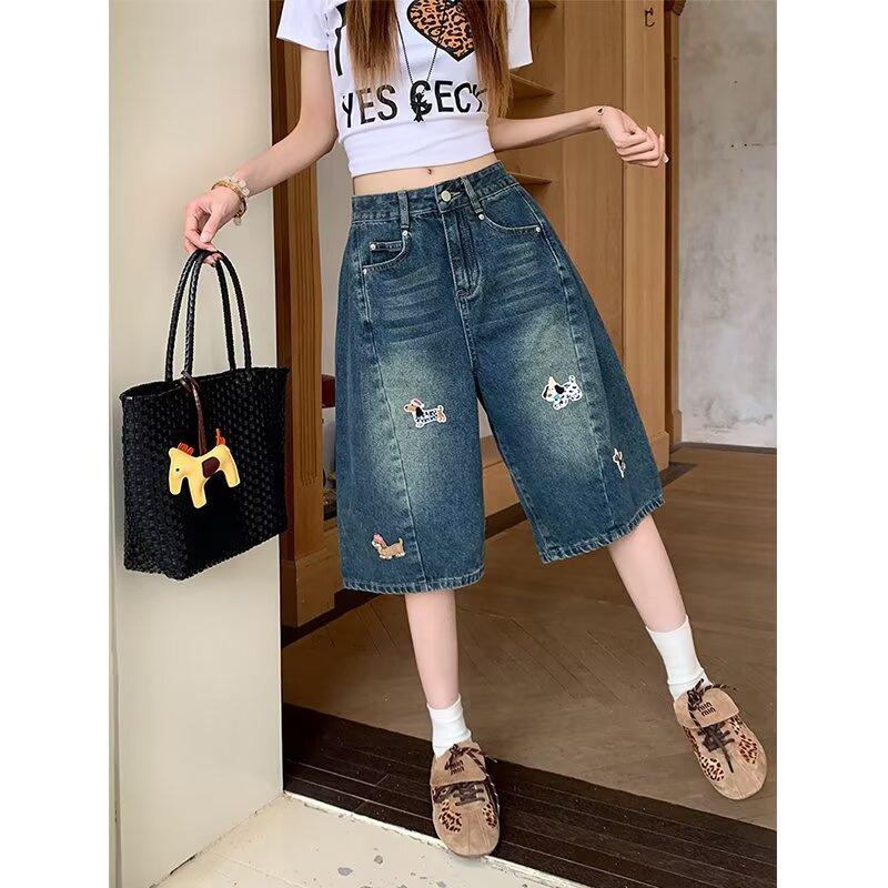Stylish Embroidered Women's Denim Shorts 2026 Summer Loose Wide-Leg Straight Pants