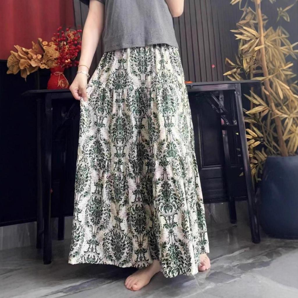 Women's Floral Print Cotton-Silk Elastic Waist Skirt - Southeast Asian Style for Spring and Summer