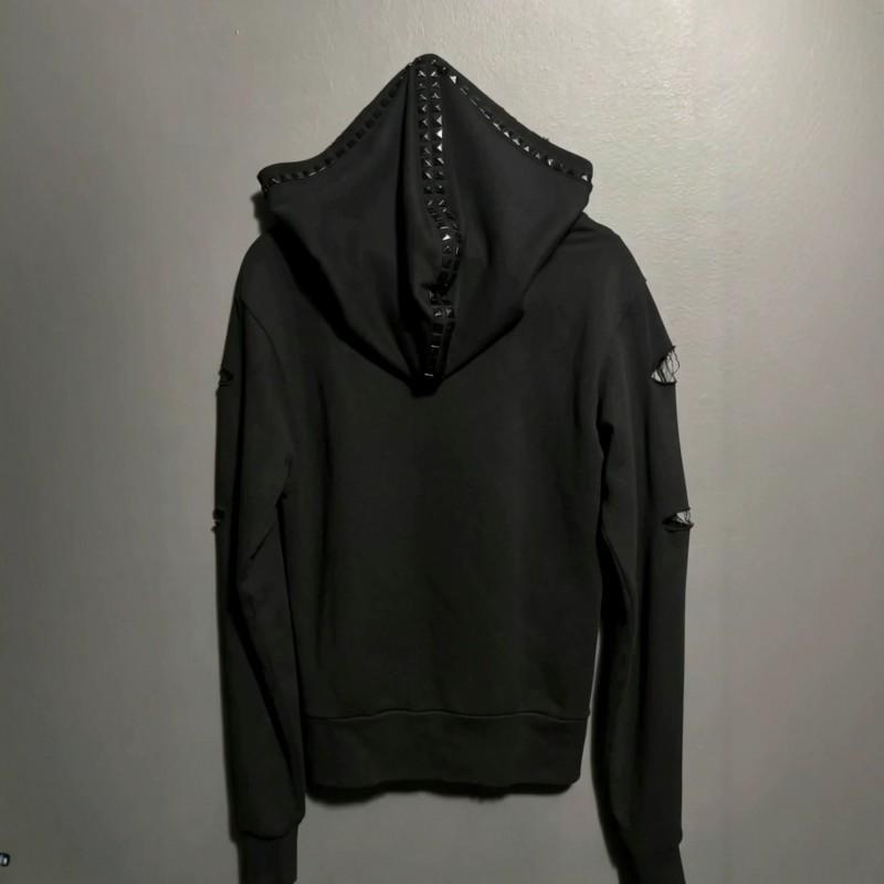 Black Vintage Hooded Sweatshirt With Metal Studs Geometric Print Streetwear Womens Regular Fit Long Sleeve