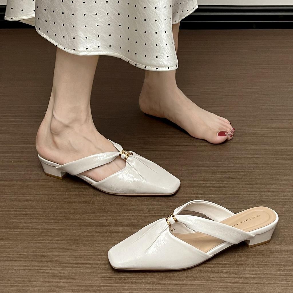 Square head half-drag Muller shoes low heels 2025 summer new square head absolute child beige wear cool slippers women