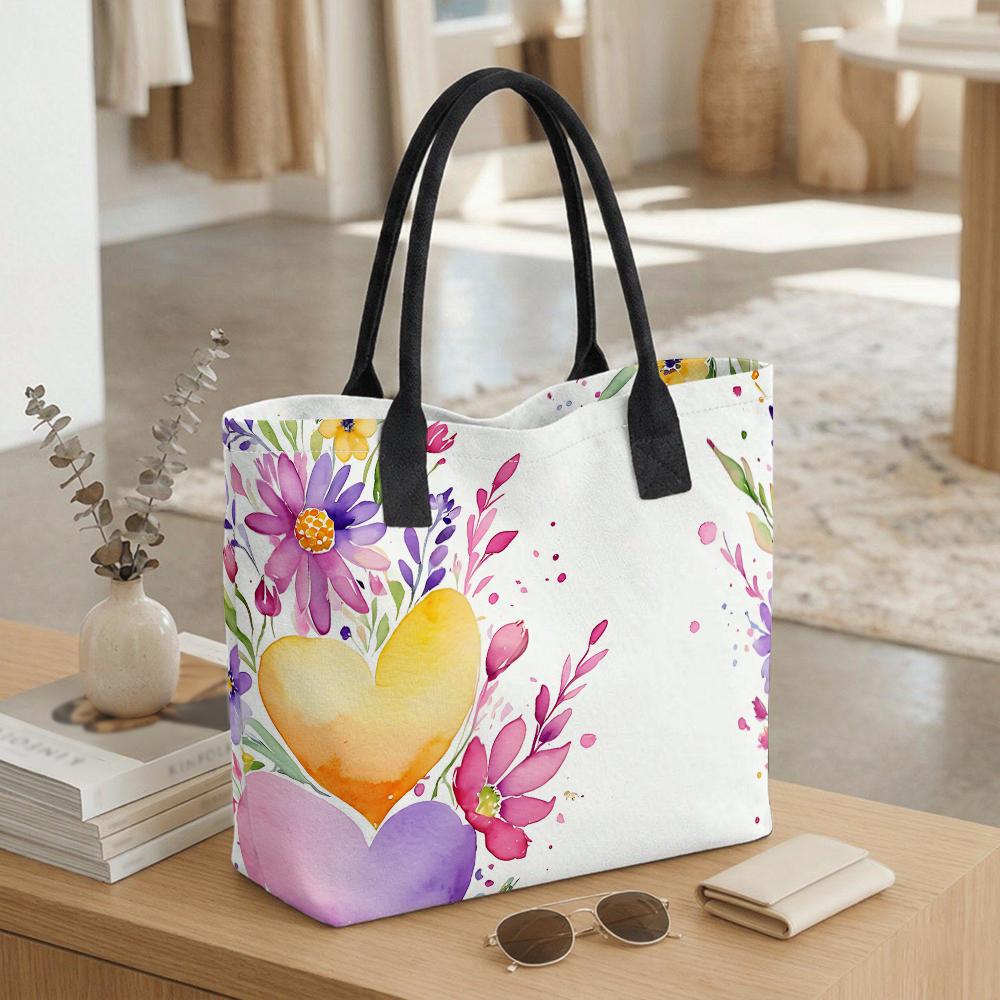  Floral Watercolor Heart Pattern Canvas Tote Bag for Daily Use