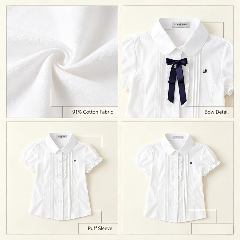 Girls Cotton Blouse Short Puff Sleeve White Shirt With Bow Kids School Uniform Top For Little Girls
