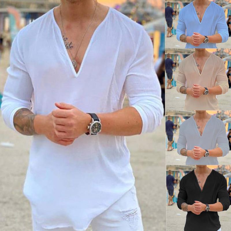 2025 European & American Men's V-neck Casual Solid T-shirt Fashion Trend
