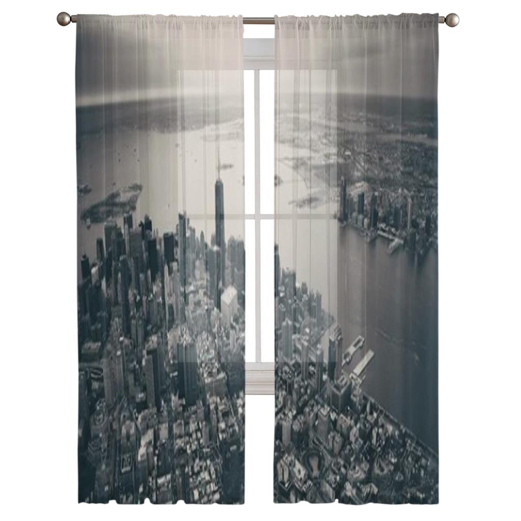 New York City Manhattan Downtown Aerial View Chiffon Sheer Curtains for Living Room Bedroom Window Curtain Voiles Tulle Cortinas