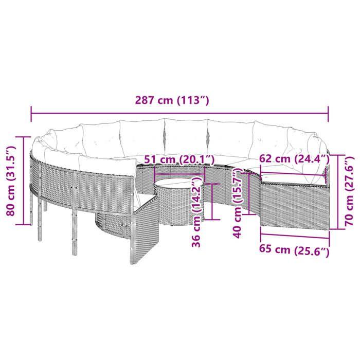 VidaXL Canapé de jardin avec table coussins rond noir résine tressée, canapé d’extérieur, canapé de forme ronde, canapé de 3318544