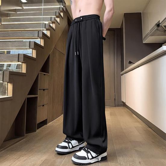 Men Pants Drawstring Waist Casual Trousers Solid Color Regular Style Long Pants with Reinforced Pockets Daily Wear