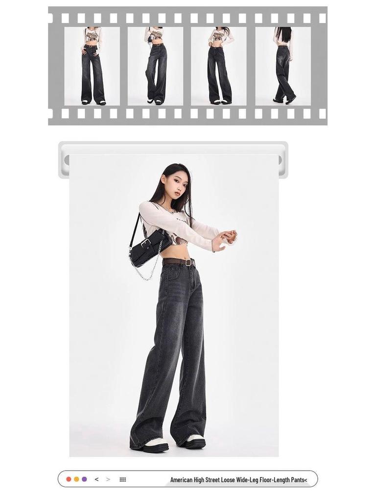 Women's High-Waisted Black-Gray Straight-Leg Jeans - Loose Slimming Wide-Leg Pants for Spring & Autumn 2025
