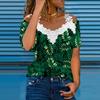 Women's V-Neck Lace Patchwork Tops Short Sleeves T-shirt Printed T-shirt Top