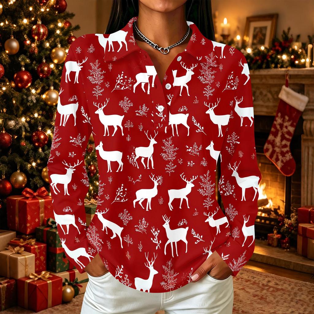 Women's Casual Long Sleeve Christmas Print Button Front Top with Collar and Side Slits