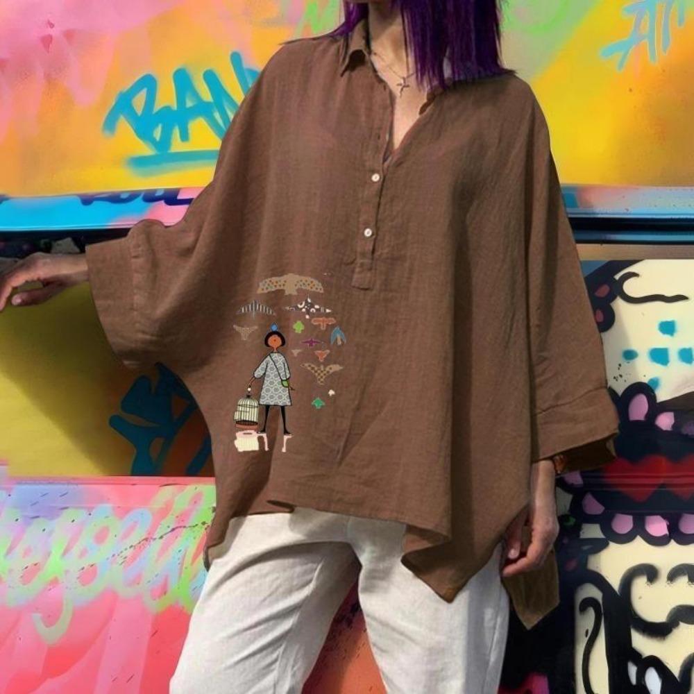 

Жіночі весняні топи з рукавами «летюча миша» великого розміру з лацканами з нерегулярним подолом з м’якими ґудзиками з рукавами «летюча миша» повсякденний жіночий одяг M-3XL 3XL темно-коричневого кольору/коричневий