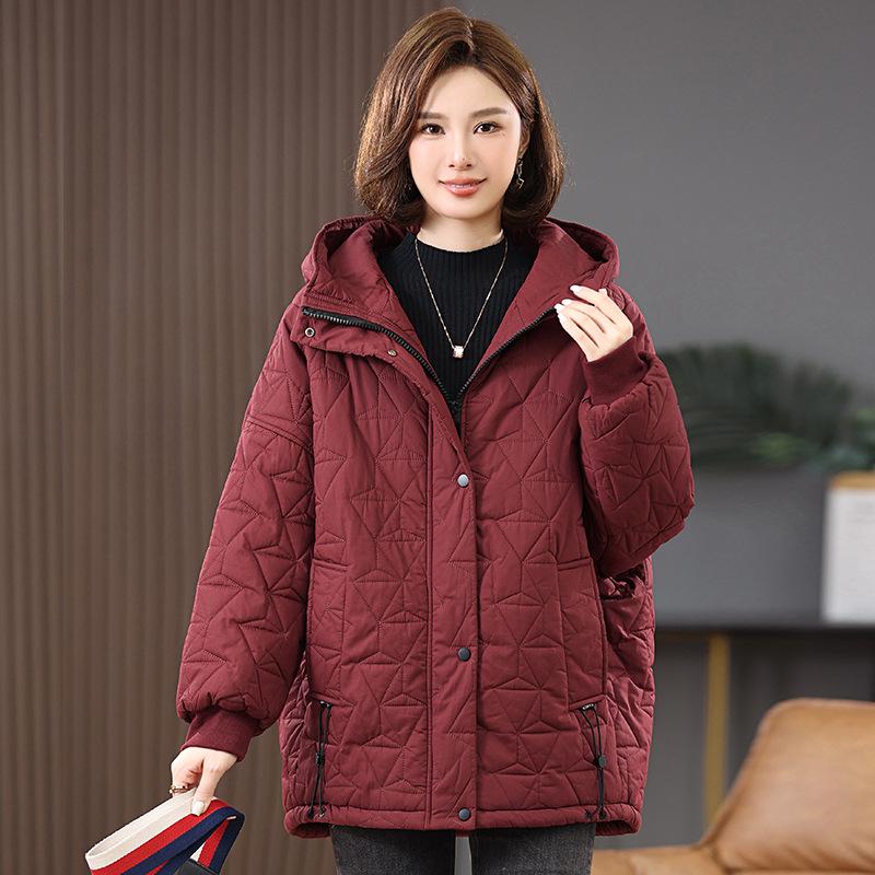 Geacă de bumbac cu glugă pentru femei, lungime medie (Plus Size) - Iarnă 2024 Casual, Cald, Croială Largă pentru Mame de Vârstă Mijlocie