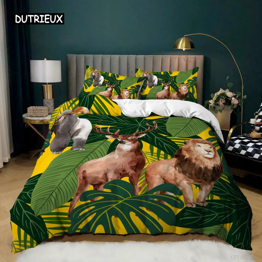 Tier Bettbezug Set King Twin Größe Elch Giraffe Löwe Tiger Muster Bettwäsche Set Mikrofaser Regenwald Tiere Thema Bettdeckenbezug