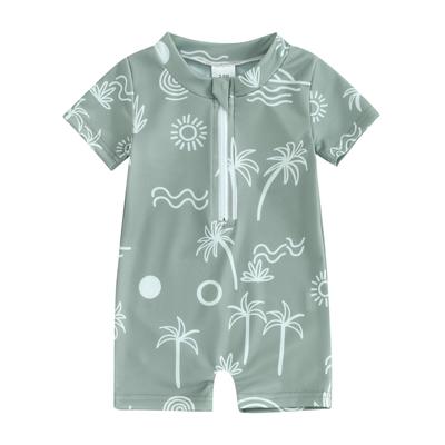 Toddler Boys Rash Guard Swimsuit Rompers Zipper Short Sleeve Tree Print Kids Bathing Suit Baby Swimwear
