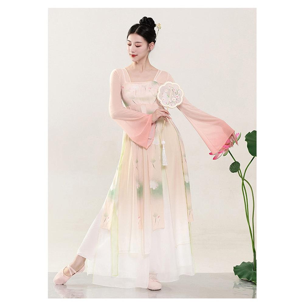 Verbessertes Hanfu Klassisches Tanzkostüm für Damen, Fließendes Chiffon Ruqun Set mit Lotusdruck, Tanzkleidung im Tang-Dynastie-Stil für Bühnenauftritte