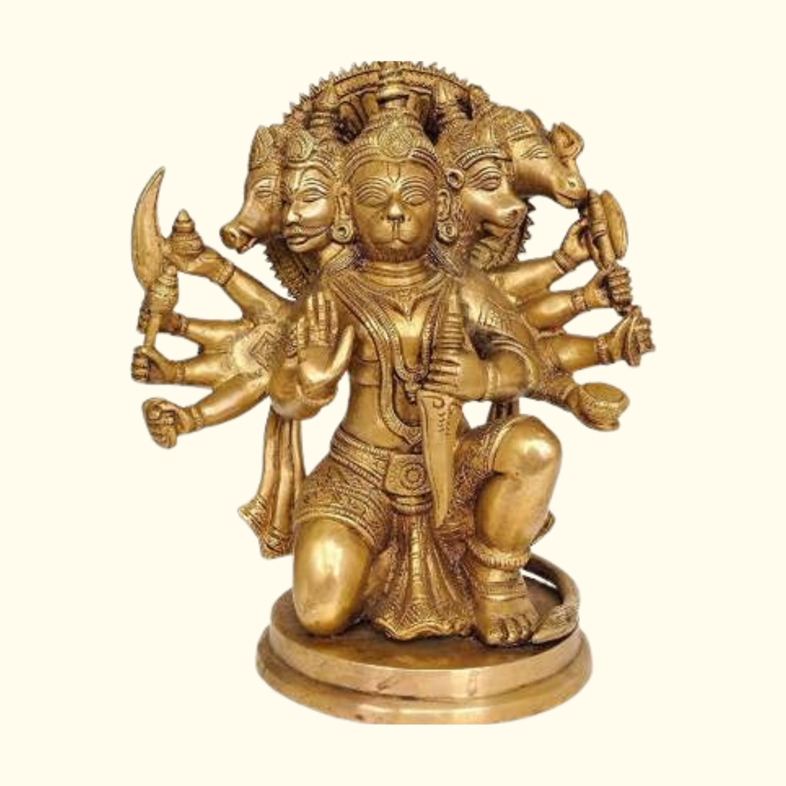 Pure Brass Made Panchmukhi Hanuman Ji Idol, God Hanuman Ji, Gold - 6 Inch