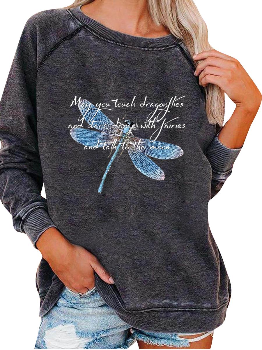 

Women s Pullover Sweatshirt Oversized Sweatshirt Women s Spring/Fall Fashion Dragonfly Print Top 3XL серый