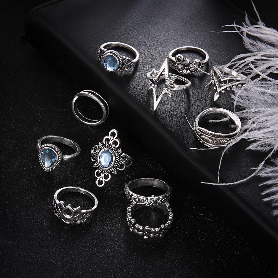 Vintage Starry Sky Gem & Diamond Carved Ring Set - 11 Pieces