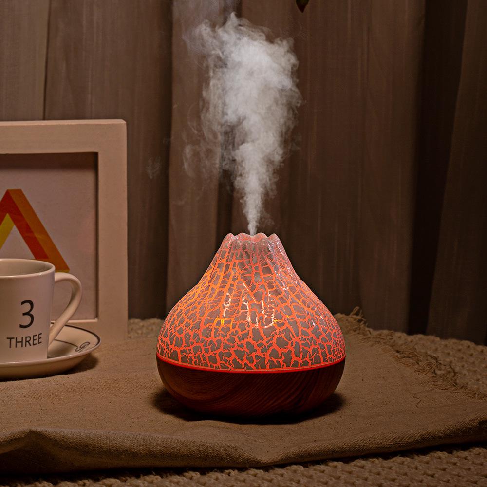 USB Wood Grain Mini Volcano Humidifier with LED Flame Effect - Large Mist & Night Light