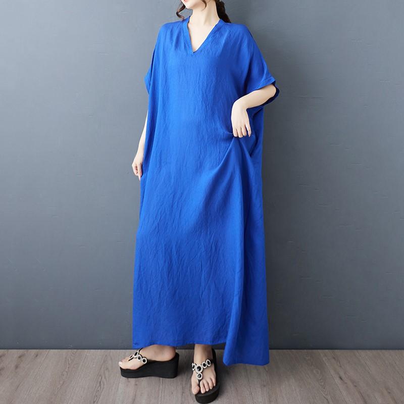 Vestido maxi largo de verano casual holgado de algodón vintage de manga corta para mujer de talla grande
