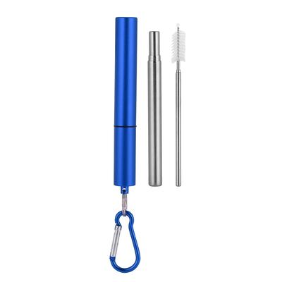 Edelstahl Einziehbares Tragbares Strohhalm-Set(Blaues Aluminiumgehäuse Strohhalm+Bürste+Karabiner )