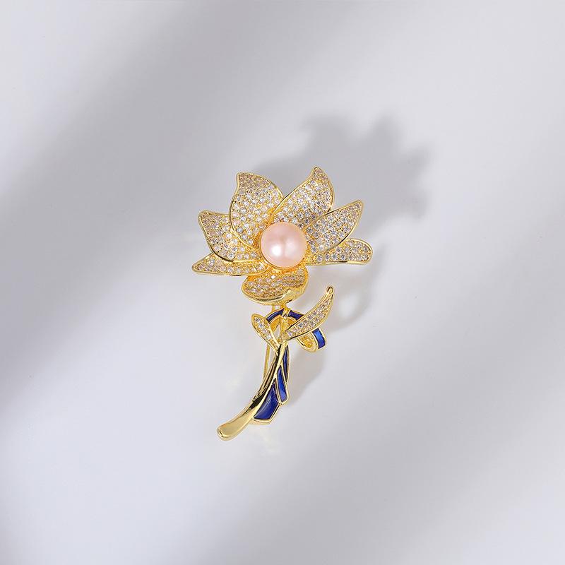 Bo Xin Yun Zircon Lotus Brooch with Freshwater Pearl  Enamel for Weddings