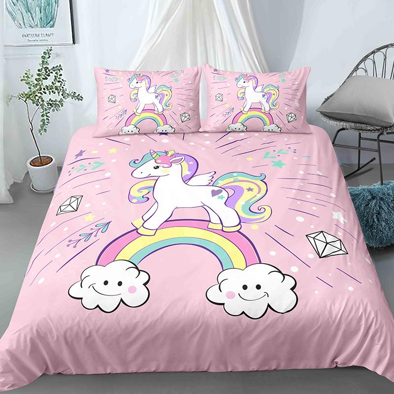 Cartoon Unicorn Duvet Cover Set With Pillowcase Queen King Size 2 3 Pcs Bedding For Kids Adults Polyester