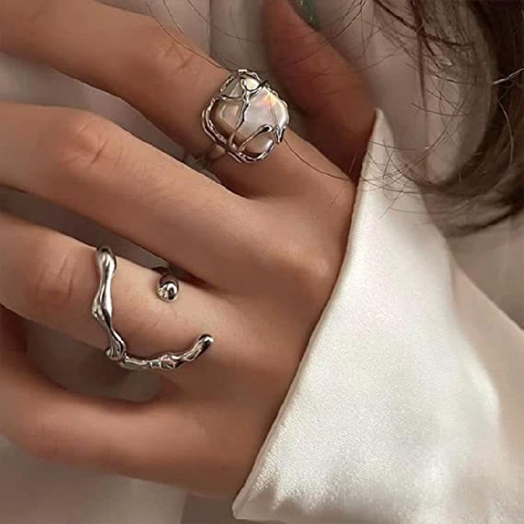 Hollow Moon Stone Rings for Women Y2K Flower Bud Open Ring Vintage Jewelry