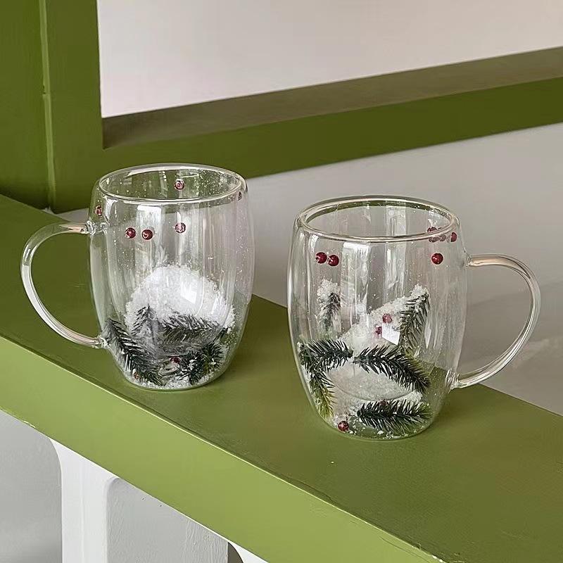 Borosilicate Double-Wall Glass Mug Christmas Snow Scene Pine Tree Design Heat-Resistant 350ml Coffee Cup with Handle