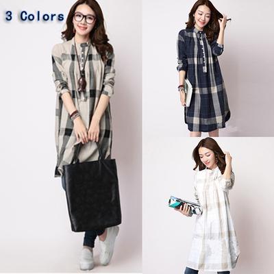 XL-3XL Women's Long Sleeve Spring Autumn Collar Casual Plaid Long Top Shirt Cotton Linen Coat