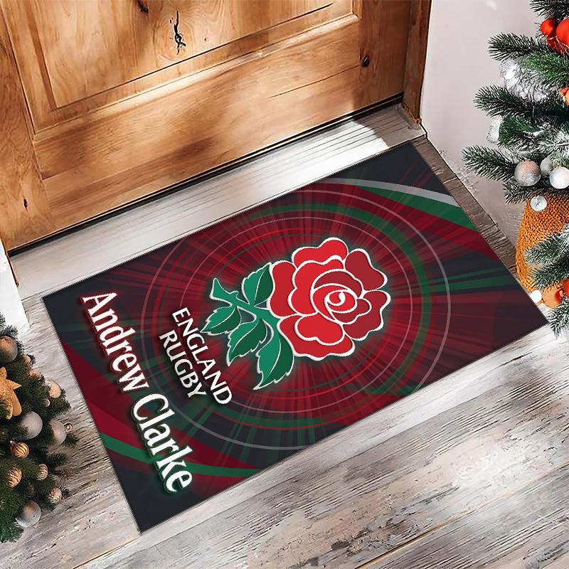 England Rugby Crystal Velvet Rug, Custom Name Text Personalized Non‑Slip Floor Mat for Home Decor Gift