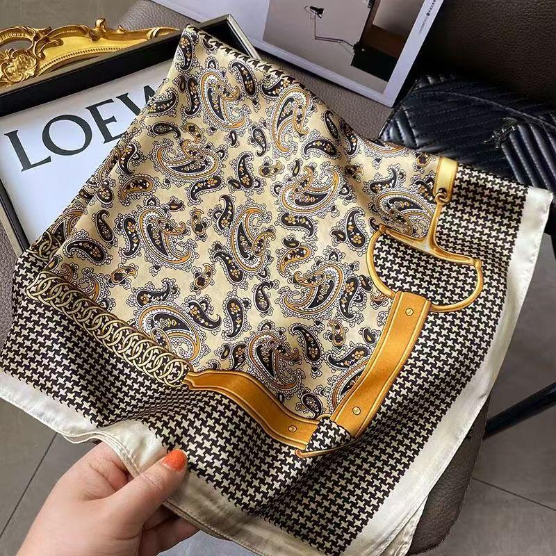 Elegant Square Silk Scarf Flower Pattern Handbag Wraps Head Handkerchief 70*70Cm Double Sides Neckerchief Women